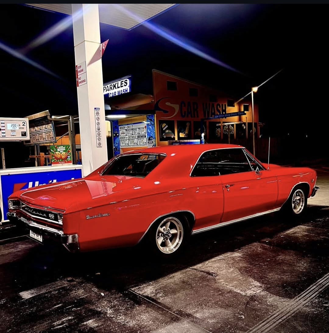 The Chevelle SS at a car wash at night